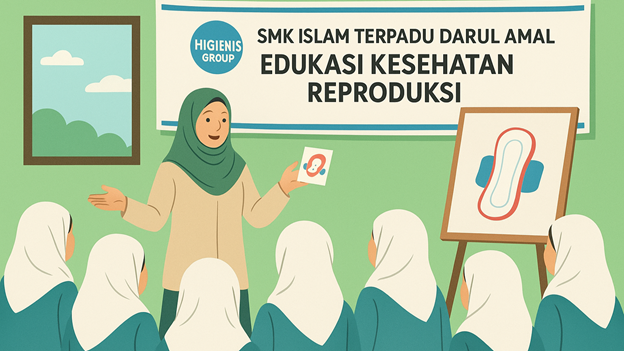 Ilustrasi kegiatan sosialisasi kesehatan reproduksi siswi SMK Islam Terpadu Darul Amal bersama pembicara dari Higienis Group di lingkungan Pondok Pesantren As-Shidiqiyah.